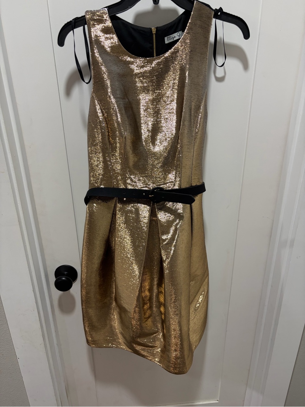 Gold Sequin Sleeveless Party Dress with Black Belt